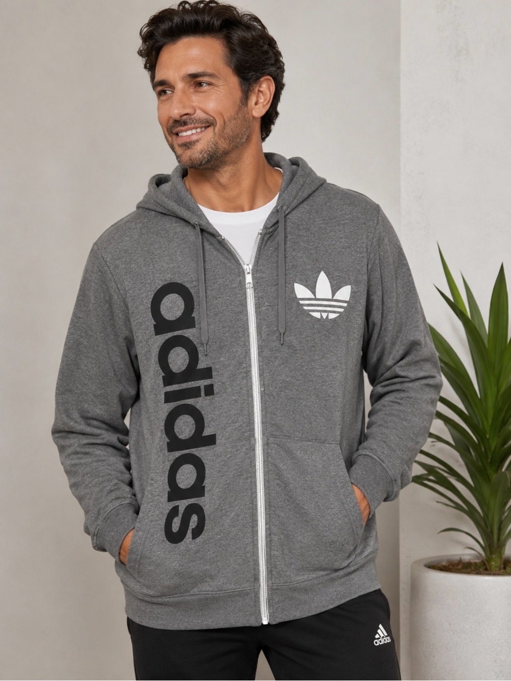 Adidas Originals Gray Full Zip Hoodie Trefoil Logo Men’s Size XL